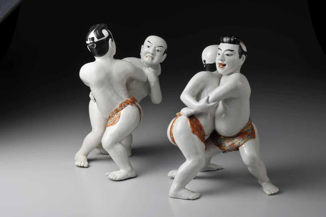 Figurines of sumo wrestlers, porcelain with decoration in overglaze polychrome enamels, Arita ware, Edo period, 1680s-1710s, The Museum of Oriental Ceramics, Osaka