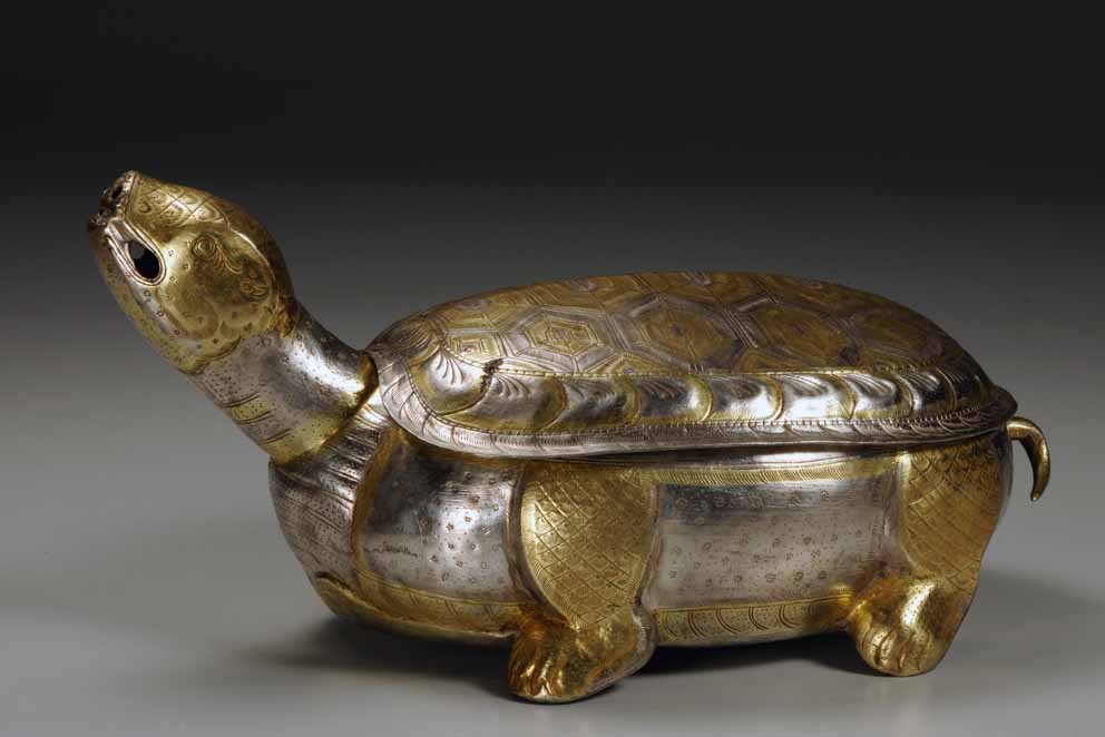 Turtle-shaped container, China, by 874, partly gilded silver, 13 x 15 x 28.3 cm, probably used to store tea powder. From the rear chamber of the Famen Temple crypt. Famen Temple Museum