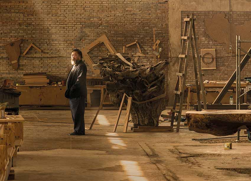 Ai Weiwei in his studio in Beijing, taken in April 2015. Photo © Harry Pearce/Pentagram, 2015