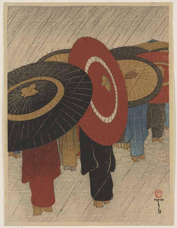 Returning Home After the Rain (1915) by Fritz Capelari (1884-1950), published by Watanabe Shozaburo, woodblock print, ink and colour on paper, gift of Ellen and Fred Wells