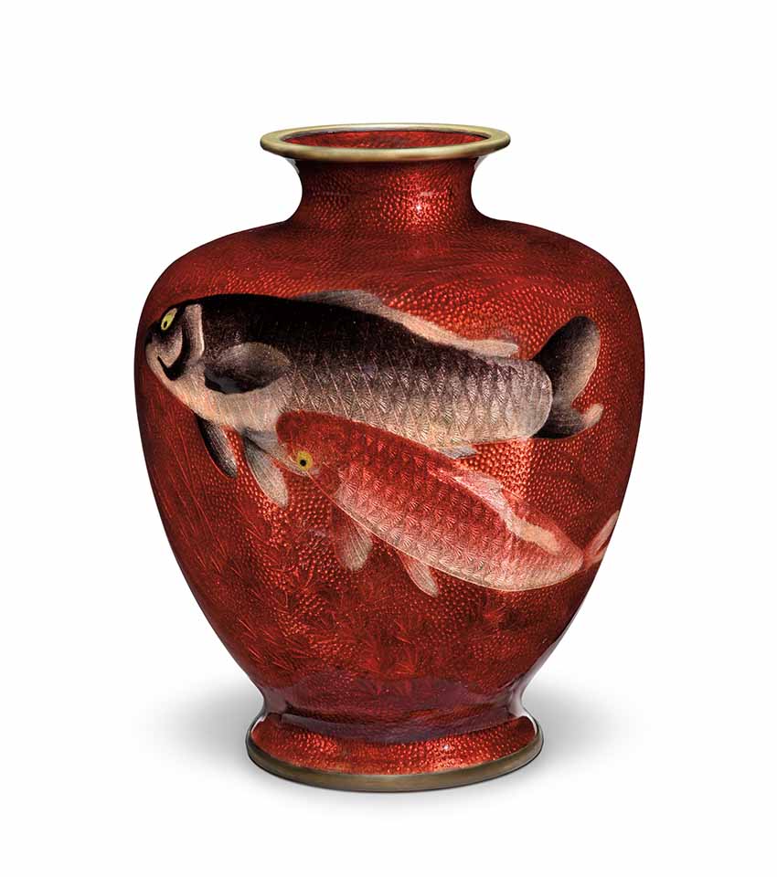 Vase with design of carp, one of a pair by Ota Jinnoei, , circa 1920, LACMA, promised gift from the Japanese Cloisonné Enamels Collection of Donald K Gerber and Sueann E Sherry. Photo © Museum Associates/LACMA