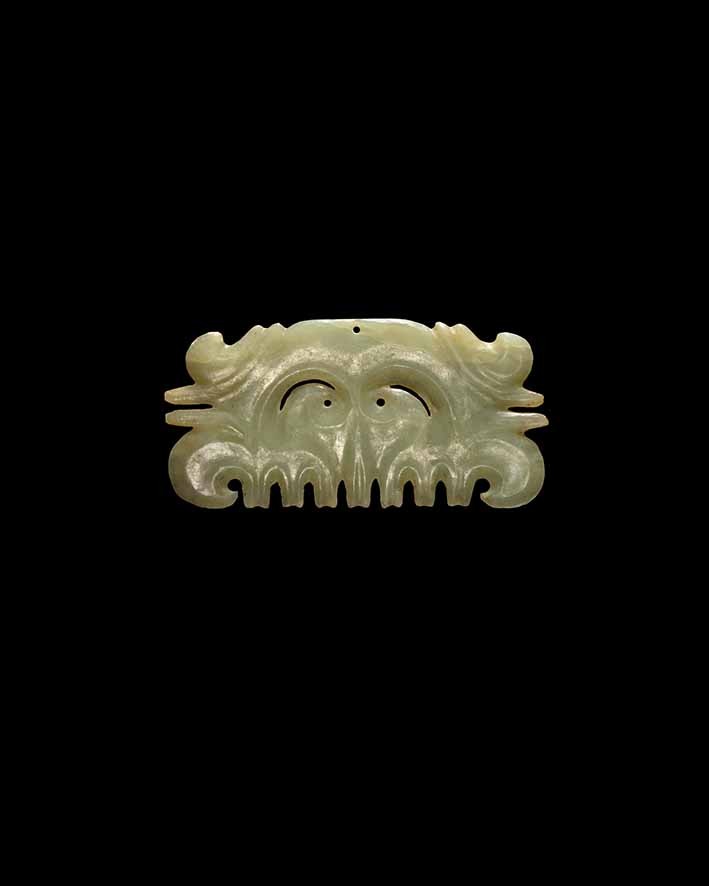 Neolithic jade toothed mask ornament, Hongshan Culture, circa 3800-2700 BC, length 11 cm, JJ Lally