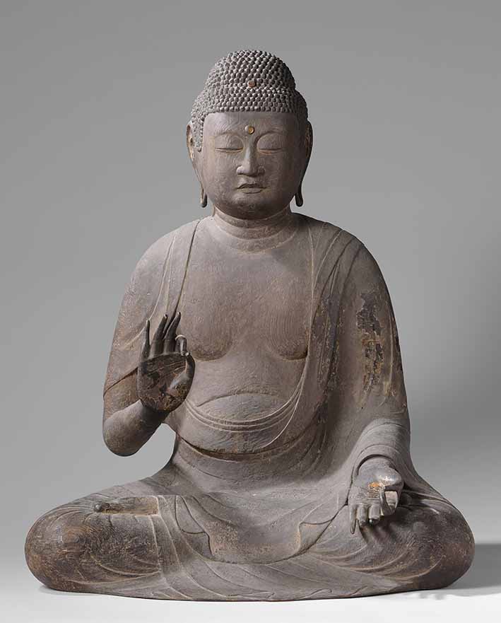 Amida (Amitayus) Buddha, the principal Buddha in Pure Land Buddhism, Japan, wood with traces of lacquer, height 87 cm, circa 1125/75, Rijksmuseum, Amsterdam,on loan from KVVAK