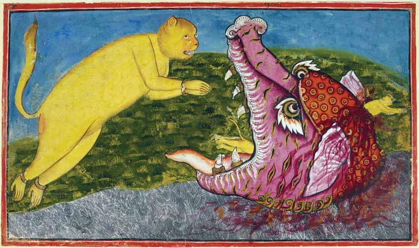 Mewar Ramayana: THE MIGHTY MONKEY HANUMAN, while leaping across the ocean to Lanka, dives into the monster Surasa’s jaws and comes out through her ear.