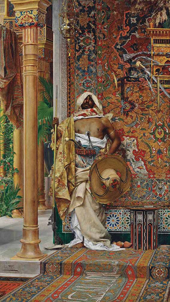 The classic Orientalist model of a palace guard was Sub-Saharan and unquestionably masculine, as in this vision by Fabres y Costa