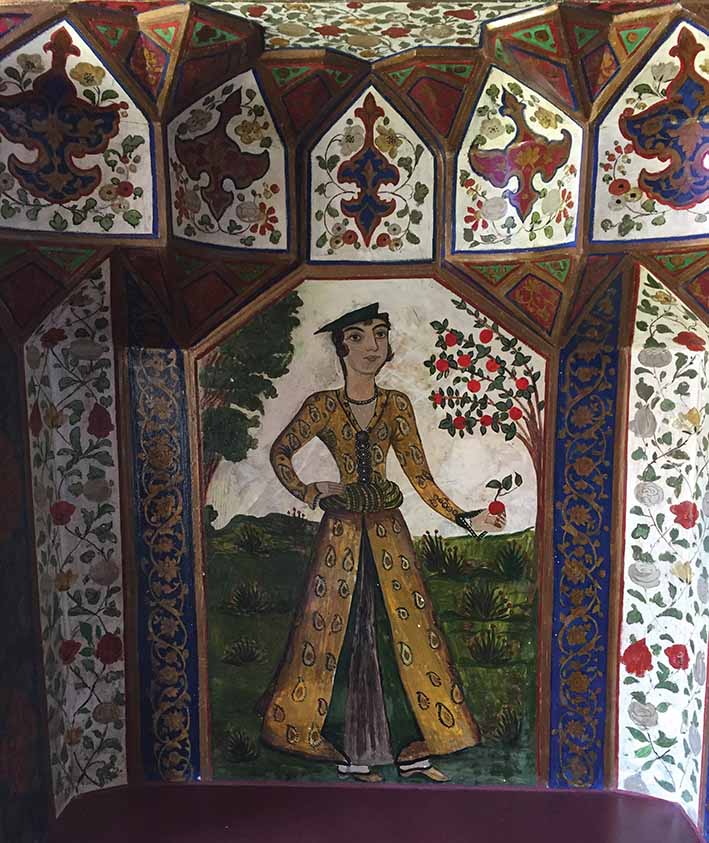 Detail of the Qajar-style wall paintings in the upper room at the Winter Palace