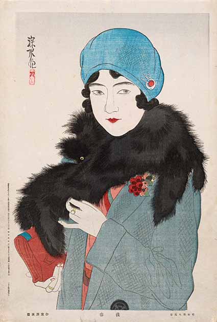 Early Spring (Shensun): Manners of Showa Women (Showa bijiin fuzoka), 1931, by Ito Shinsui, colour woodblock, 35.4 x 23.3 cm. Lillian Ernestine Lobb Bequest