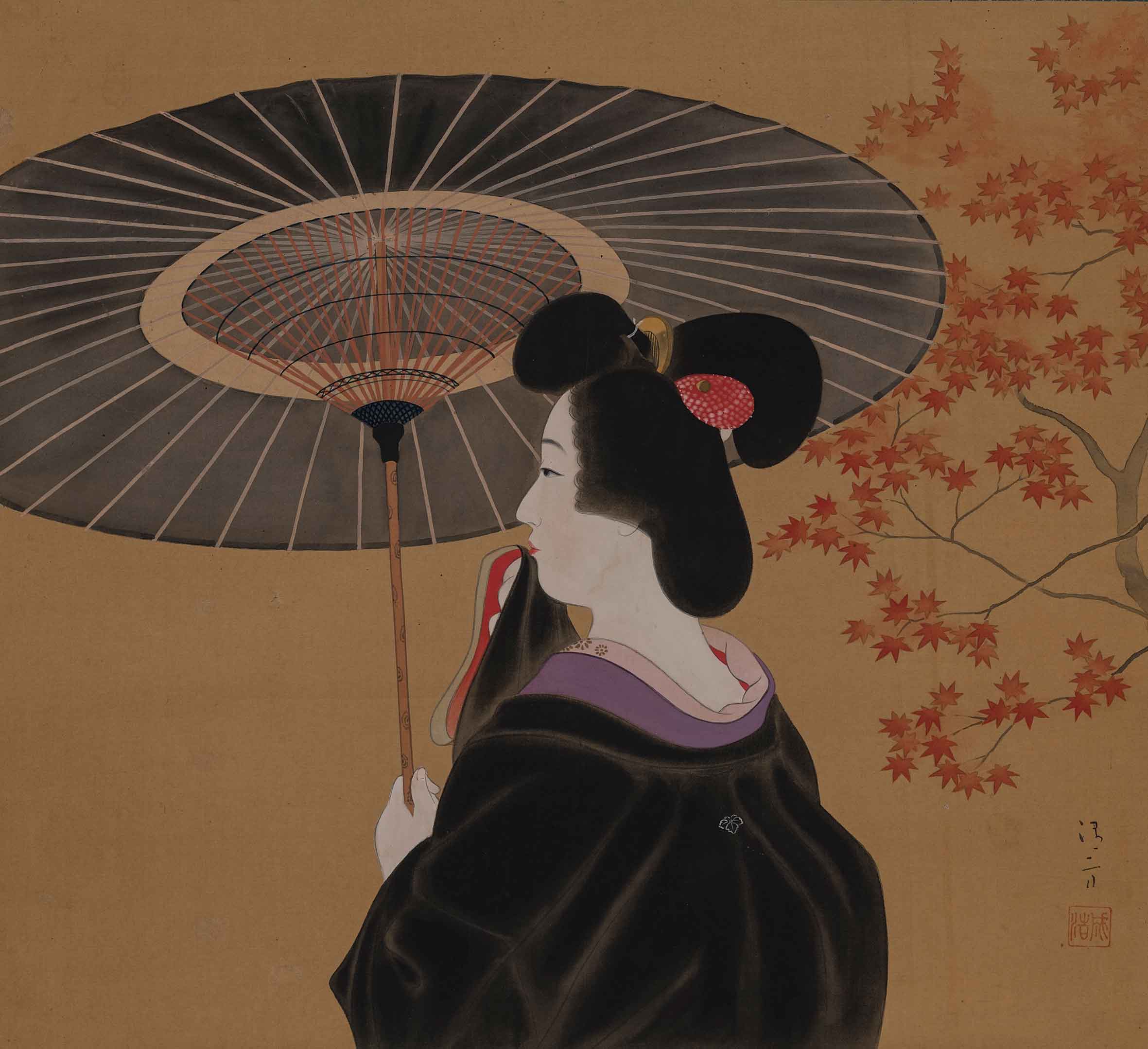 A geisha holding a parasol Kaburagi Kiyokata (1878-1972), 1920s-30s, painting in ink and colours on silk, 45.7 x 50.9 cm, Edo Paintings