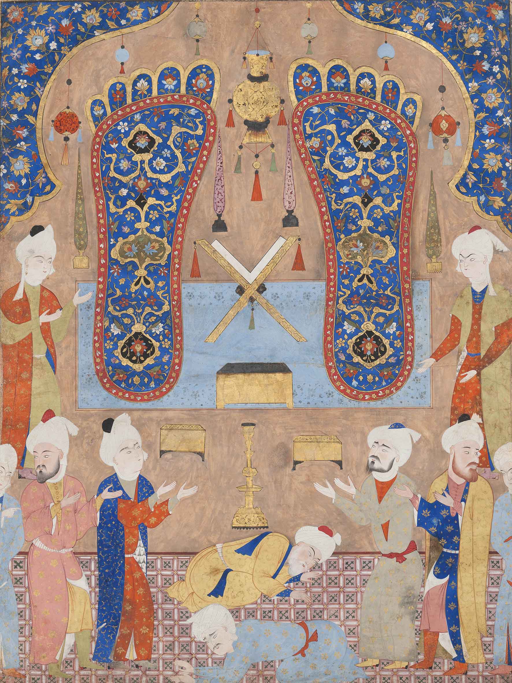 Scene in a mosque, from the Falnama (Book of Omens) of Shah Tahmasp I, Iran, 1550/1560, colours and gold on paper, 59 x 44.5 cm, MAH Musée d’art et d’histoire, Ville de Genève, Legacy Jean Pozzi, 1971. Photo: MAH, André Longchamp. Figurative imagery in Islamic art