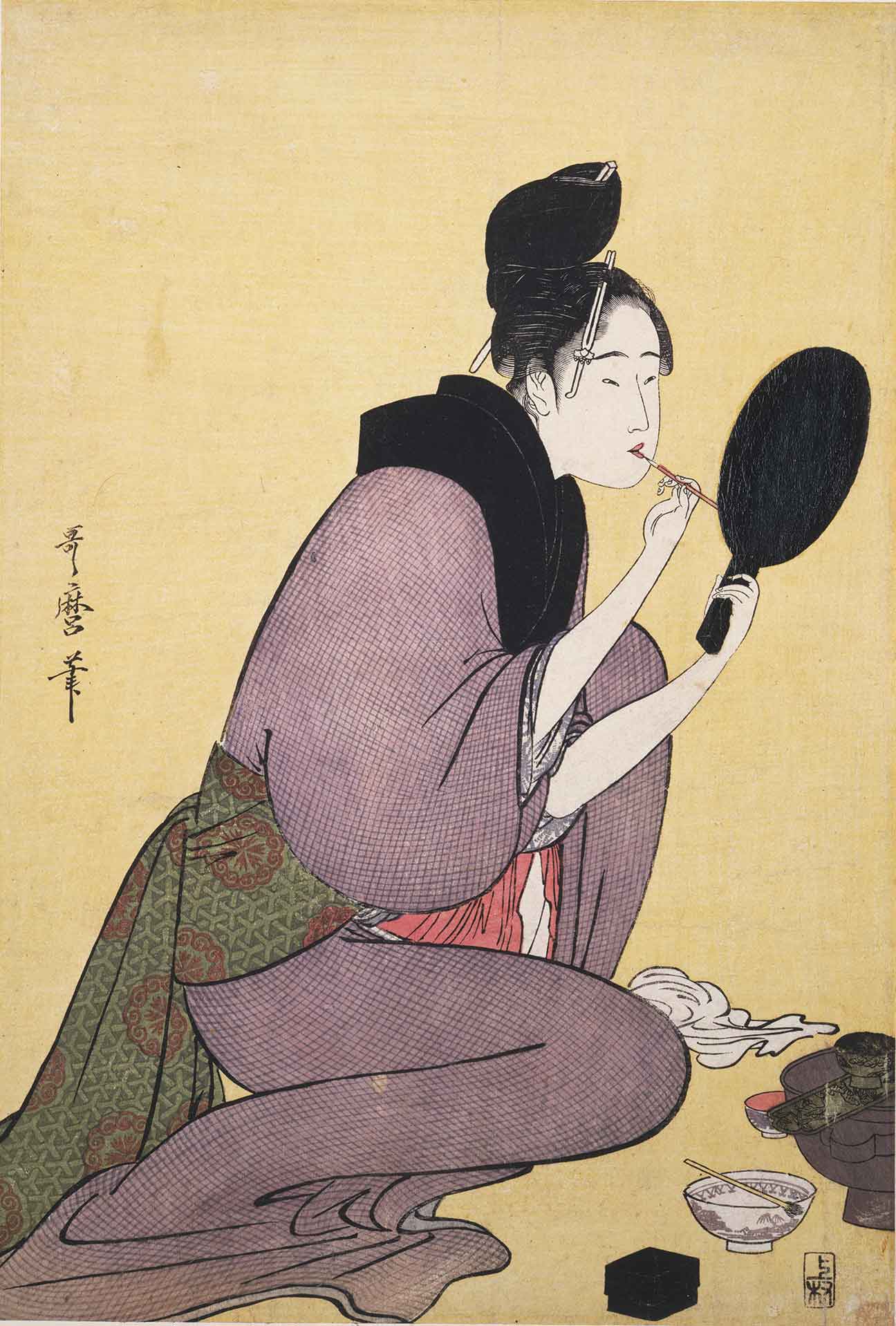 Kuchi-beni, Painting the Lips by Utamaro, Kitagawa (1753-1806), woodblock print, ukiyo-e, 36.3 x 24.8 cm, New York Public Library