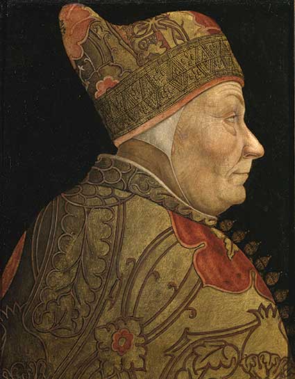 Portrait of Doge Cristoforo Moro attributed to Lazzaro Bastiani, 1462-71, tempera and oil on panel, 20 1/2 x 16 1/8 inches Fondazione Musei Civici di Venezia - Museo Correr. Moro’s reign was marked by the beginning of the Ottoman-Venetian War (1463-79)