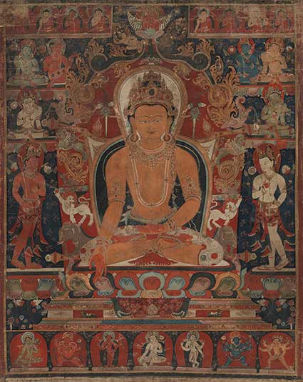 The Jina Buddha Ratnasambhava, circa 1100-25, from the Nasli and Alice Heeramaneck Collection, Los Angeles County Museum of Art, purchased with funds provided by the Jane and Justin Dart Foundation.