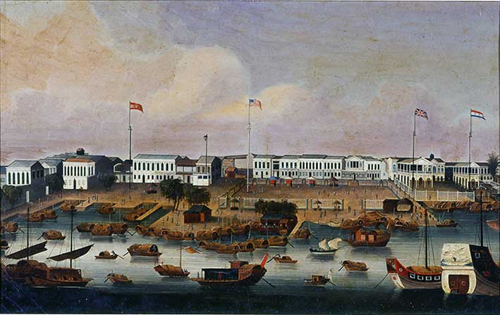 Foreign Factories in Guangzhou (the Thirteen Hongs district), circa 1820, artist unknown, oil on canvas. Returned by F A Xavier between 1945 and 1946. The actual number of foreign countries that occupied the district fluctuated, in this painting the factories shown from left to right are Spanish, American, British, and Dutch.